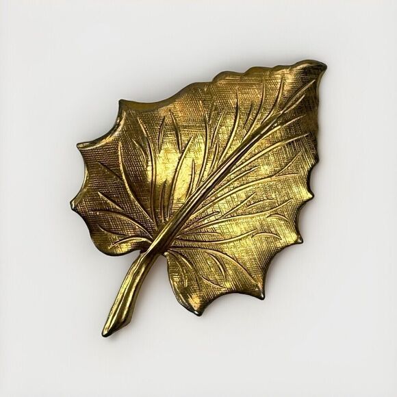 Vintage Gold Toned Leaf Brooch Pin Textured Veined - Picture 1 of 8
